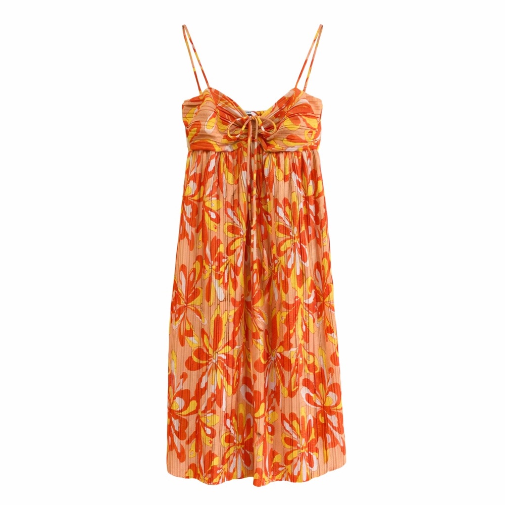 Zara Floral Pleated Midi Dress Multicolor Spaghetti Strap Summer Boho Size S